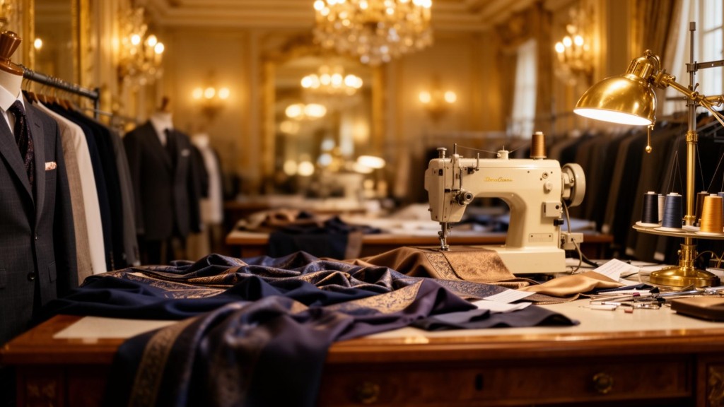 Ateliê de alfaiataria de luxo: bancada com tecido azul e dourado, máquina de costura vintage e trajes formais ao fundo