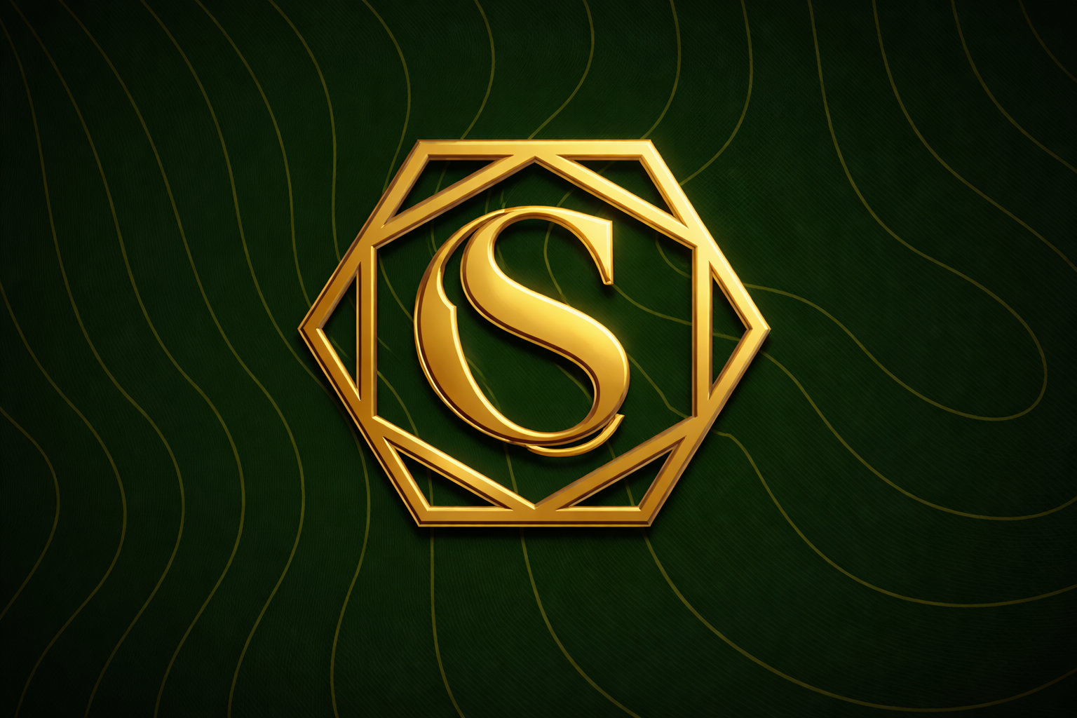 Logotipo CS Elegance: letra S dourada em moldura hexagonal sobre fundo verde